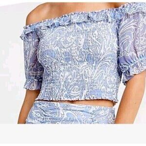 NWT EXPRESS SMOCKED CROPPED RUFFLE OFF THE SHOULDER PAISLEY BLUE WHITE TOP SZ XL